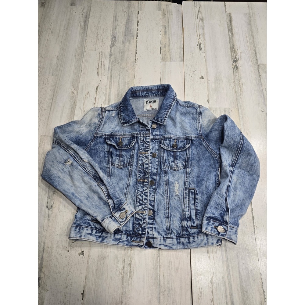 Rewash Brand Womens Distressed Acid Wash Denim Trucker Jacket Blue Large